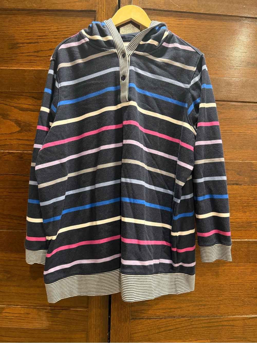 Lands' End 2X serious sweats Navy Hooded Sweatshirt Multicolor Stripes hoodie